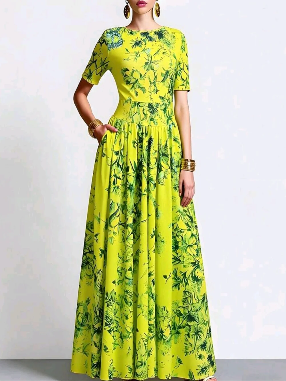 Elegant Lime Green Floral Bohemian Style Dress For Women, Spring/Summer - Picture 5 of 6